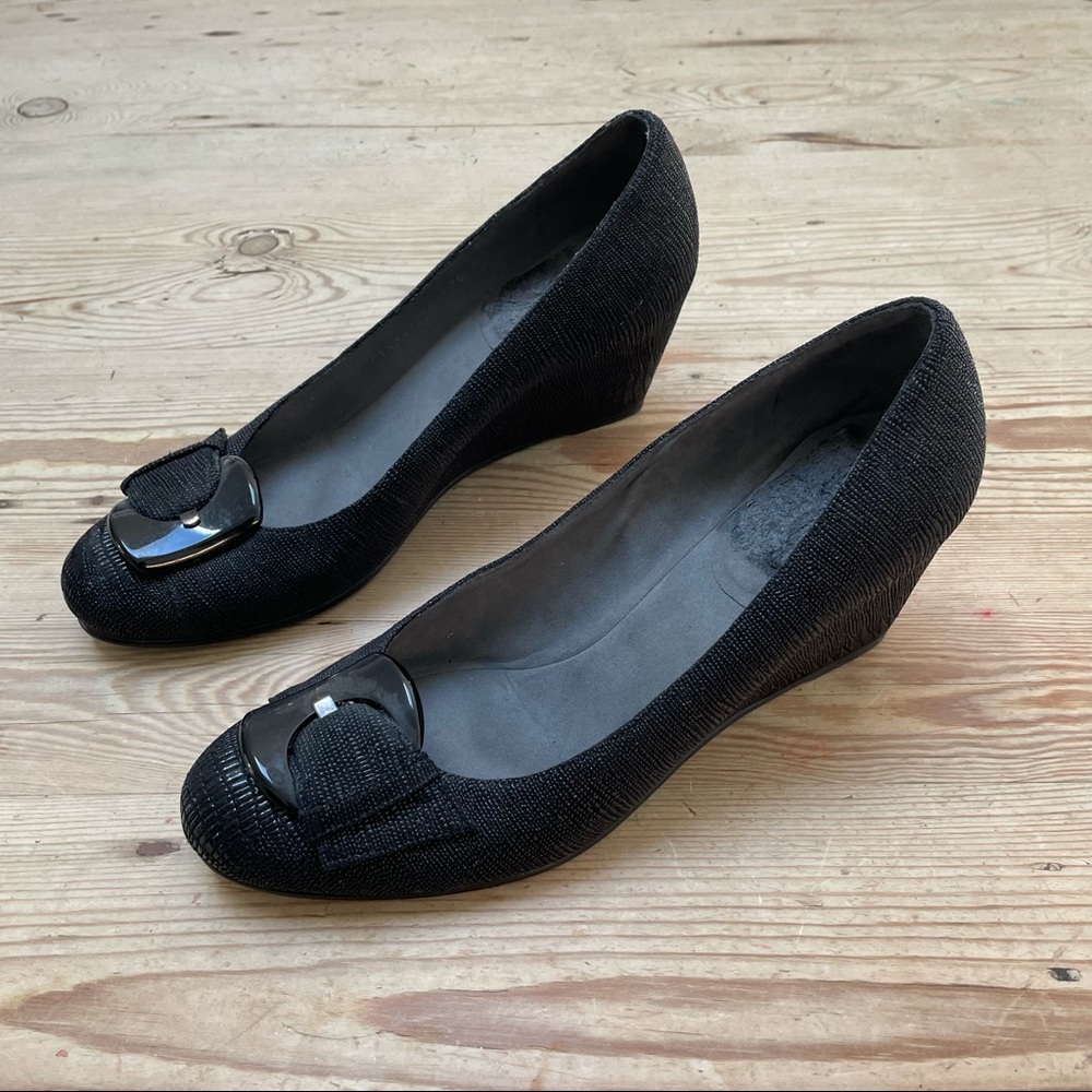 Stuart Weitzman Black Textured Buckle Wedges